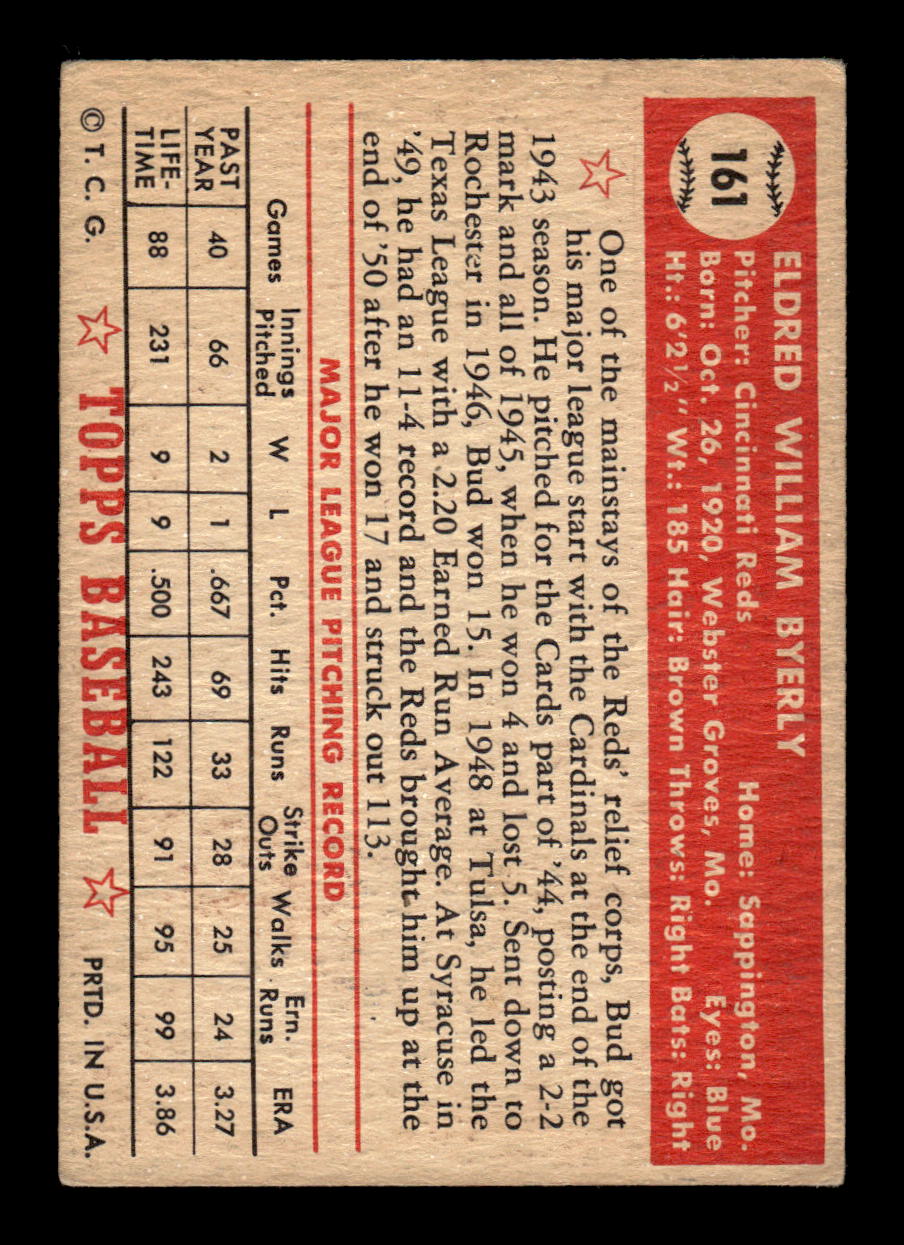 1952 Topps #161 Bud Byerly Cincinnati Reds VG CS26015131