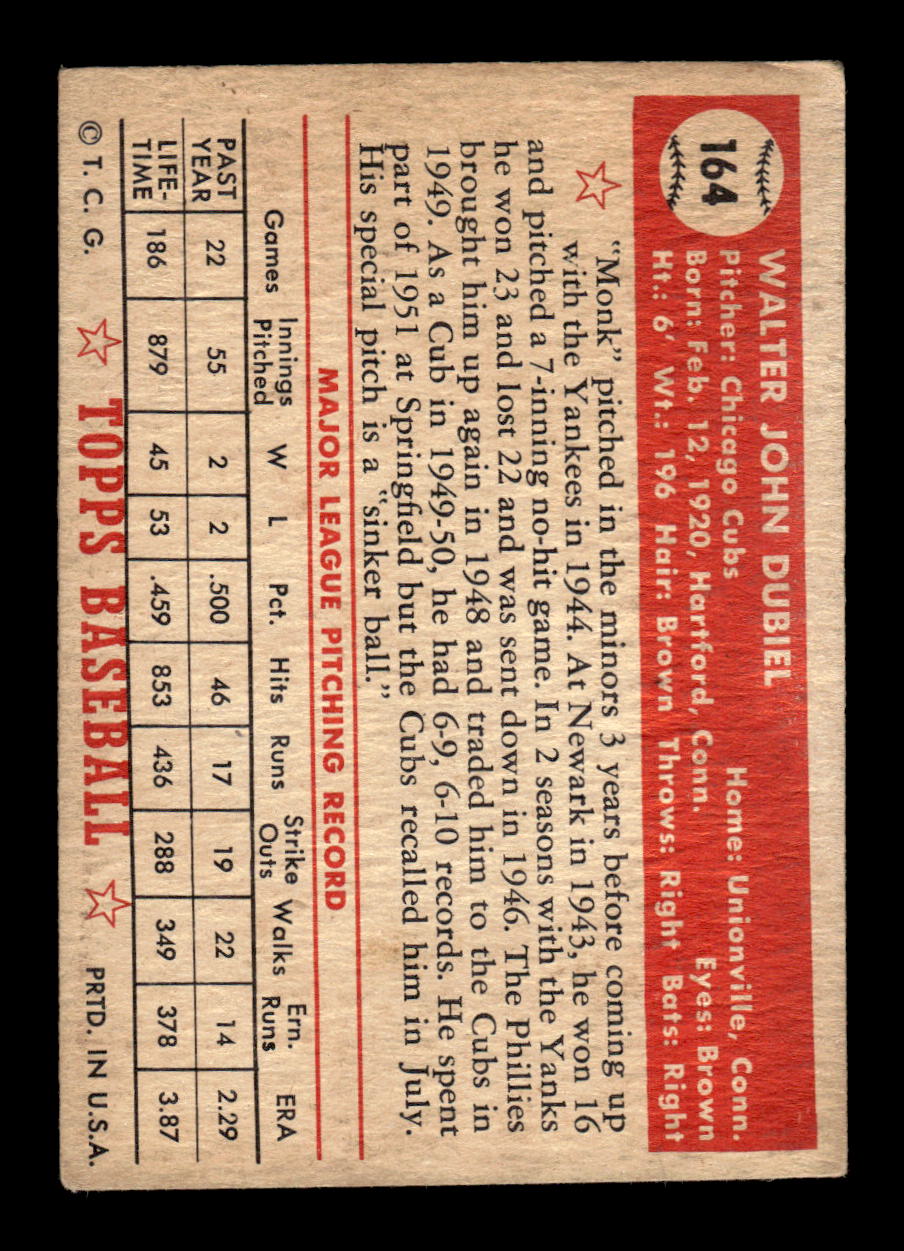 1952 Topps #164 Walt Dubiel Chicago Cubs LOW GRADE CS26015134