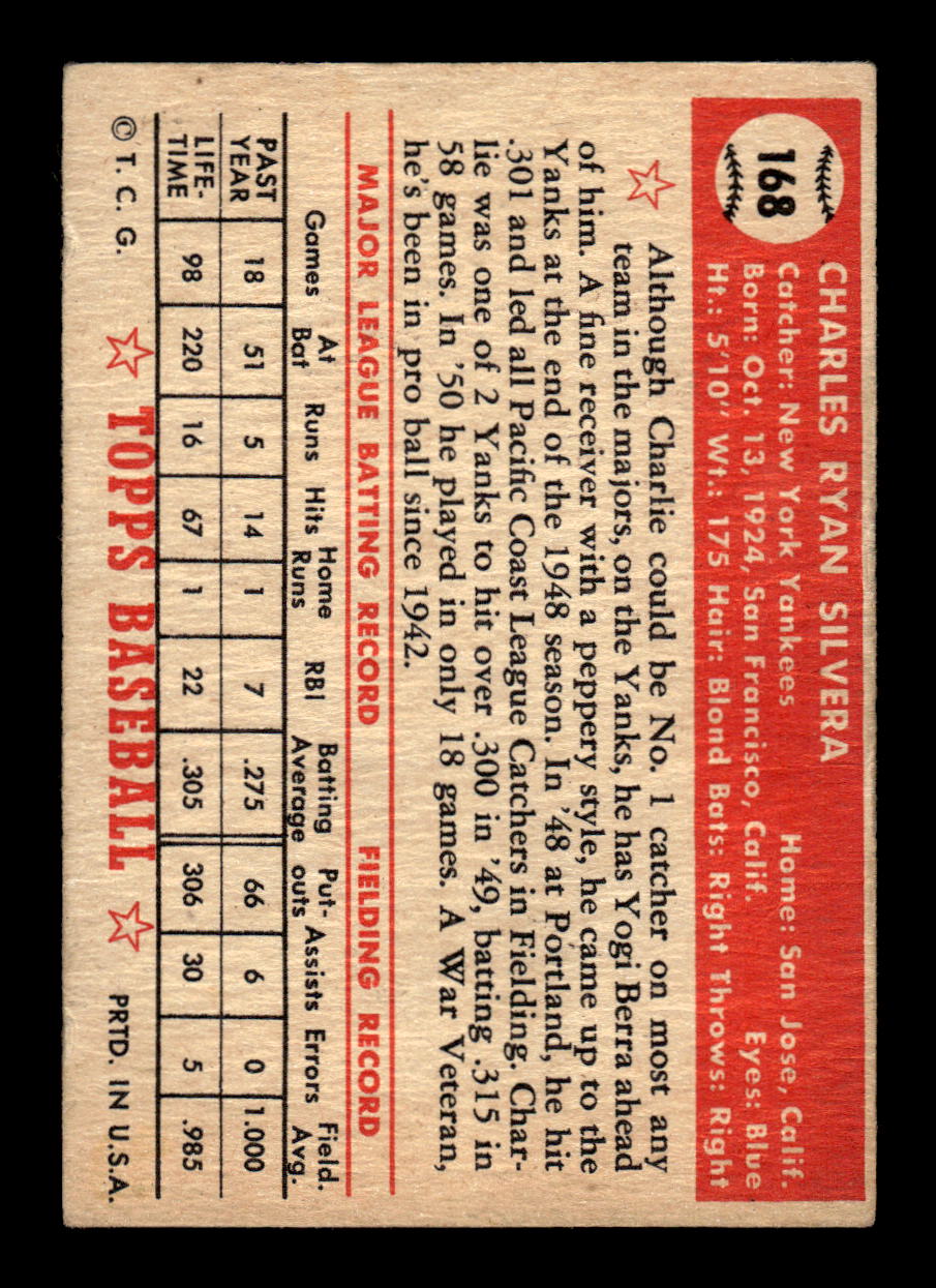 1952 Topps #168 Charlie Silvera New York Yankees LOW GRADE CS26015138