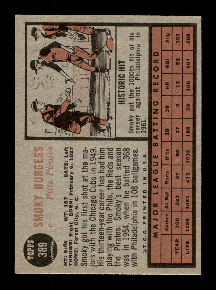 1962 Topps #389 Smoky Burgess Pittsburgh Pirates EX CS26015160