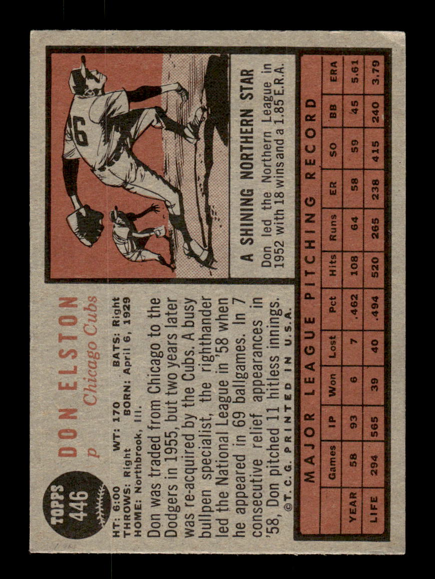 1962 Topps #446 Don Elston Chicago Cubs EX CS26015204