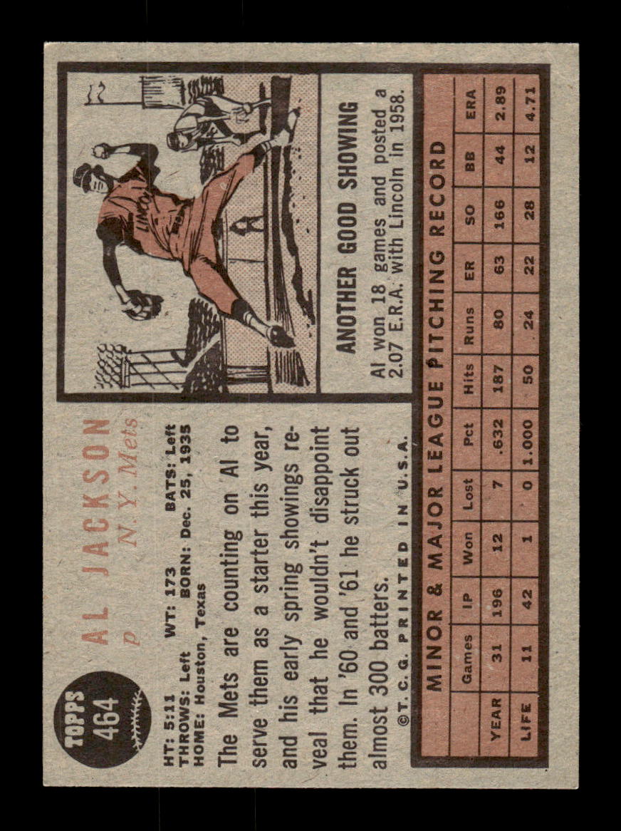 1962 Topps #464 Al Jackson New York Mets EX CS26015220