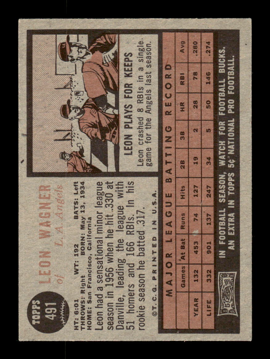 1962 Topps #491 Leon Wagner Los Angeles Angels EX CS26015240