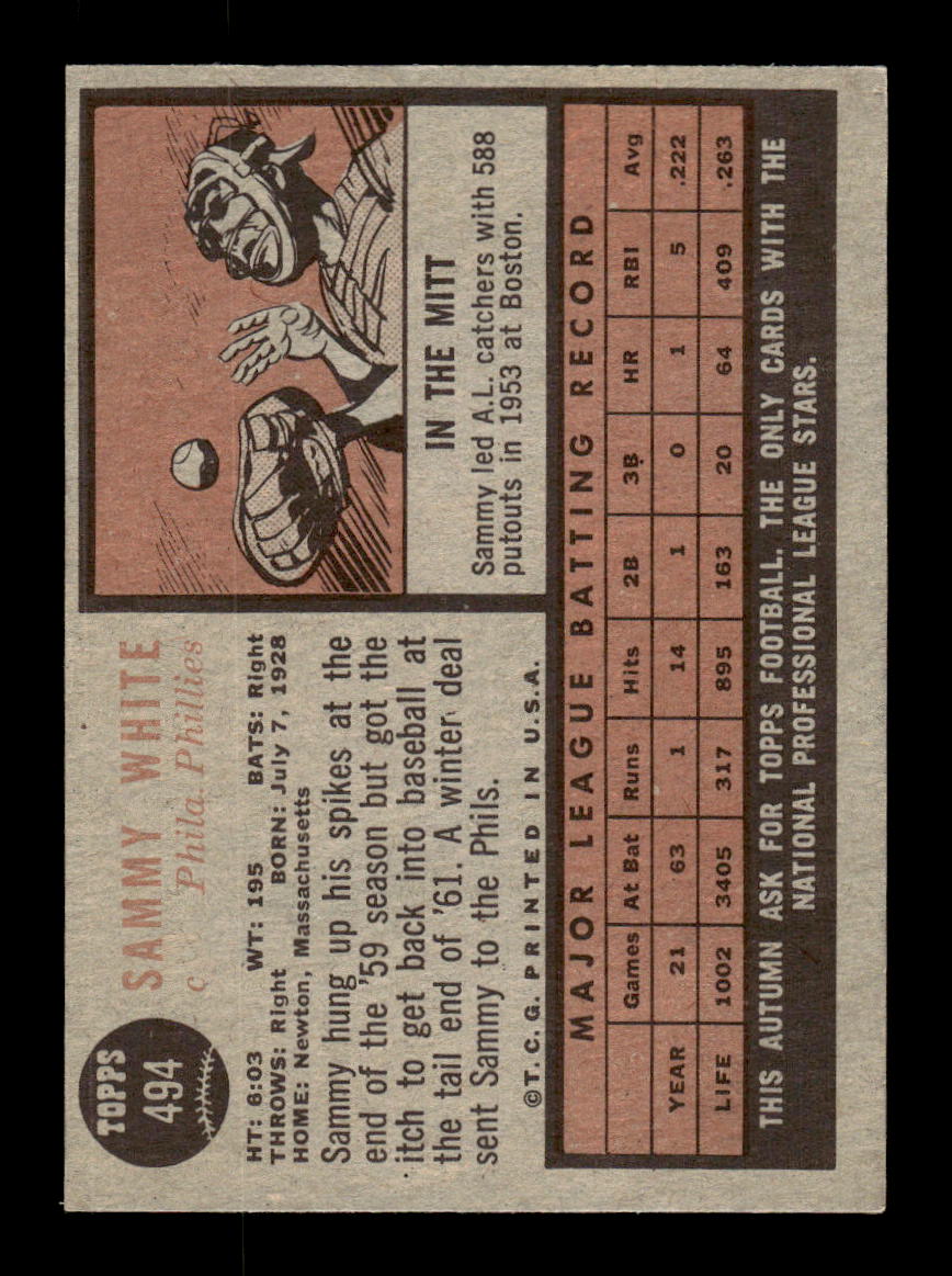 1962 Topps #494 Sammy White Philadelphia Phillies EX CS26015243