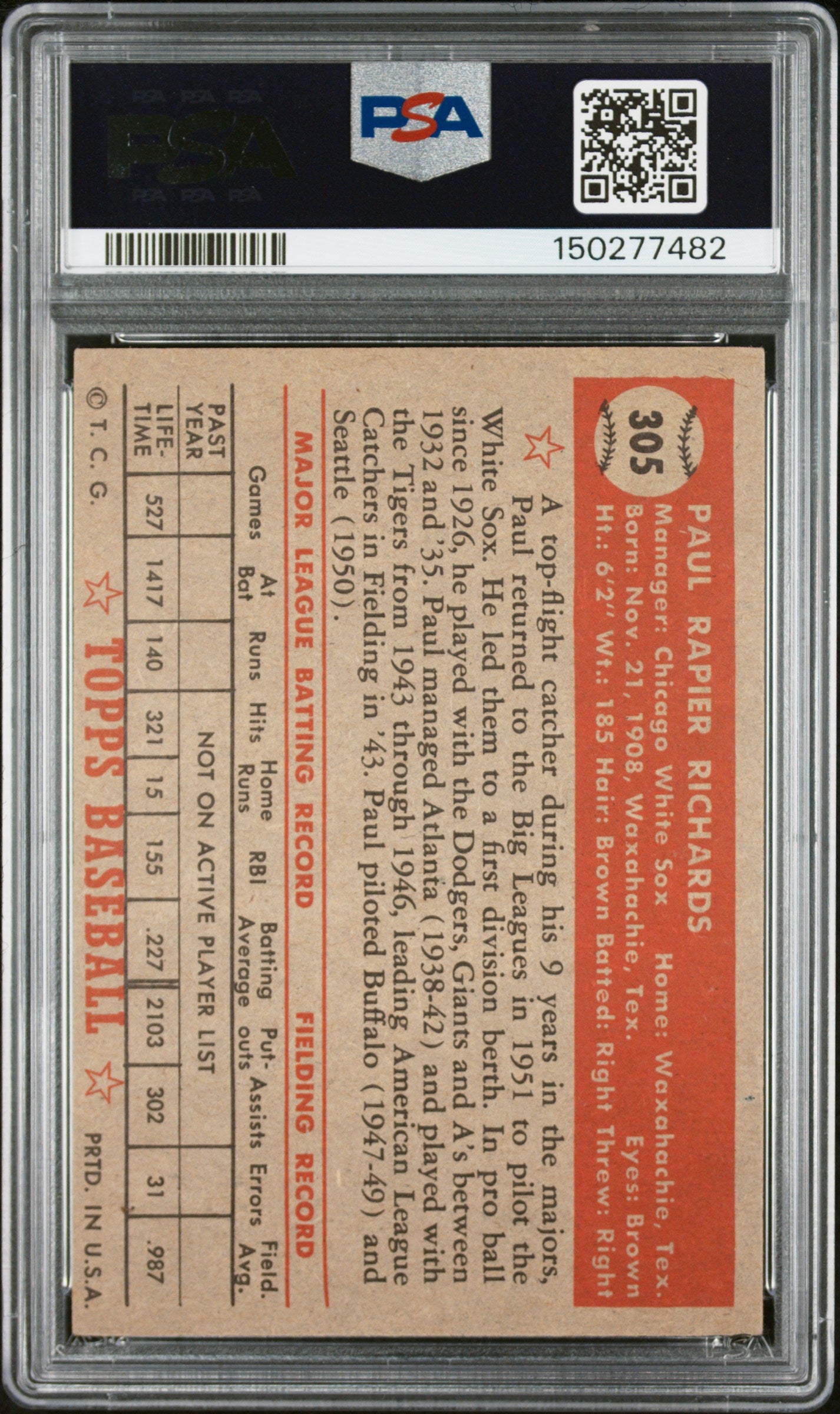 1952 Topps #305 Paul Richards PSA 4 SN 150277482