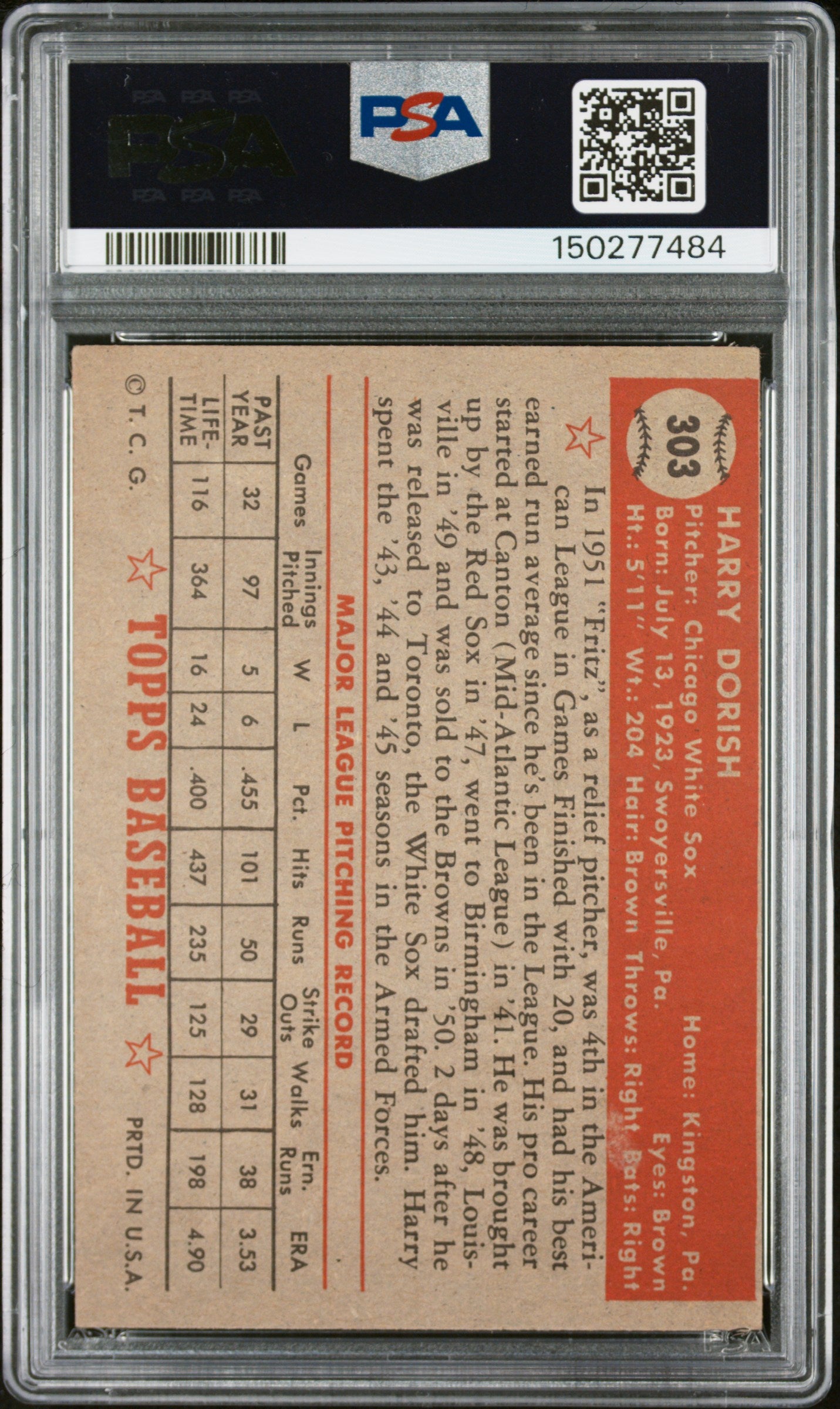 1952 Topps #303 Harry Dorish PSA 4 SN 150277484