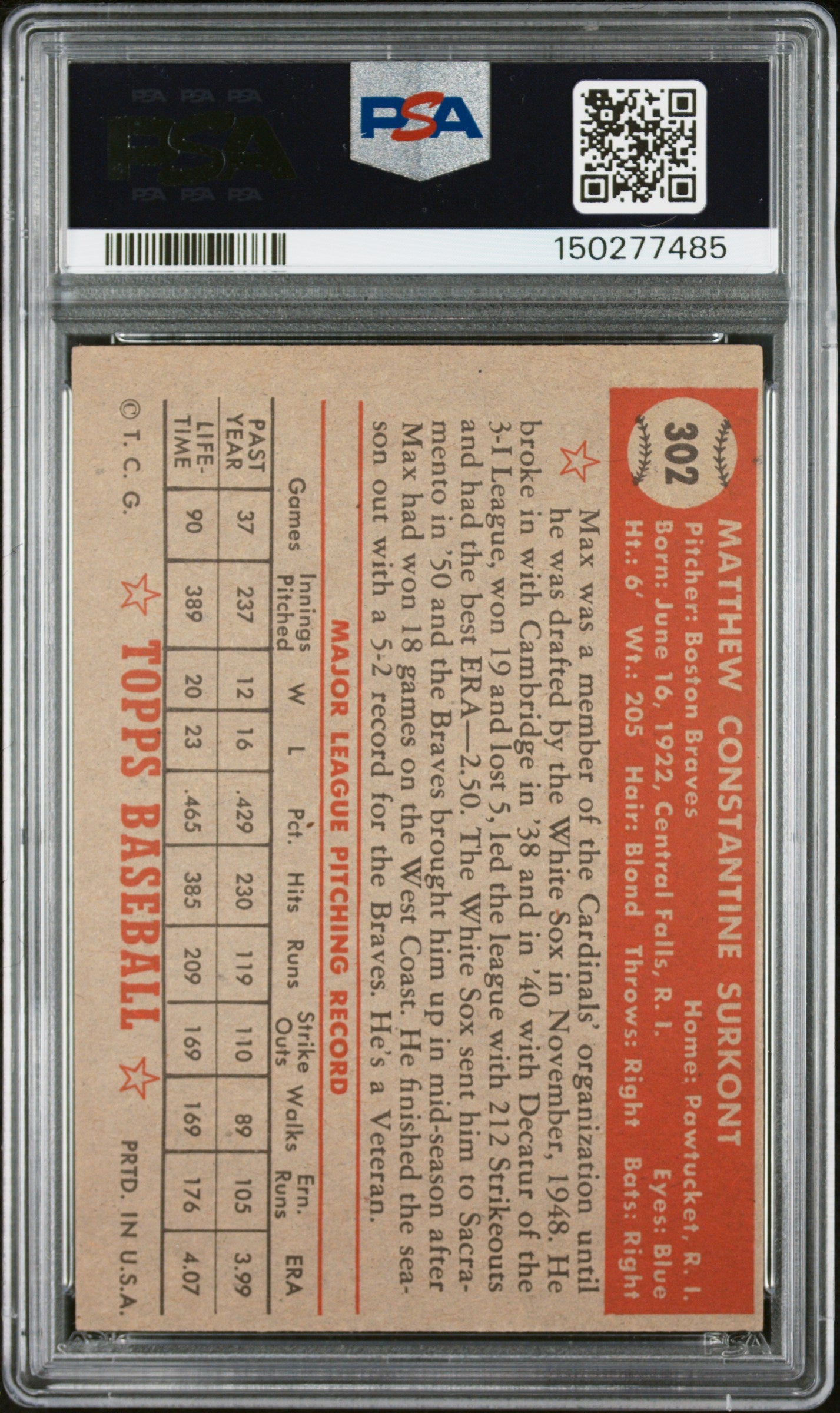 1952 Topps #302 Max Surkont PSA 4 SN 150277485