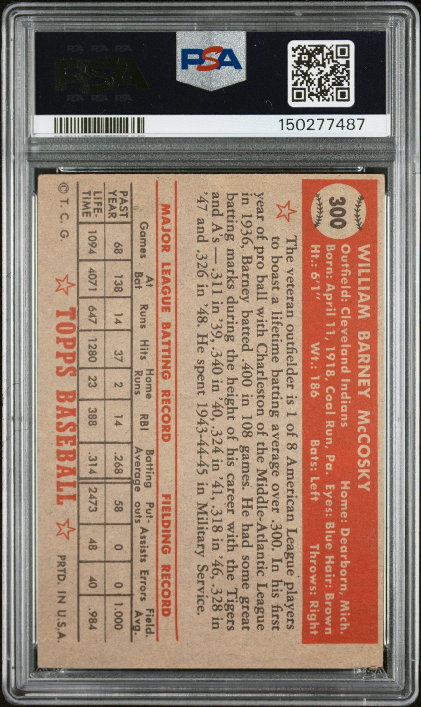 1952 Topps #300 Barney Mccosky PSA 2 SN 150277487