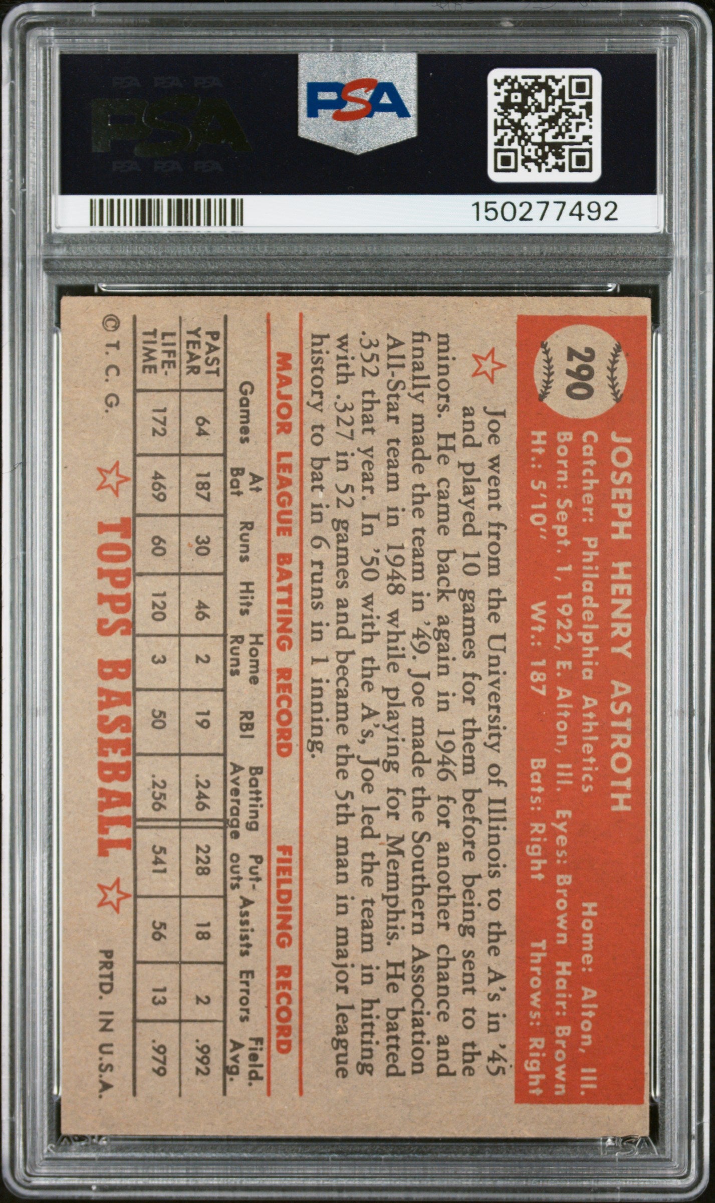 1952 Topps #290 Joe Astroth PSA 4 SN 150277492