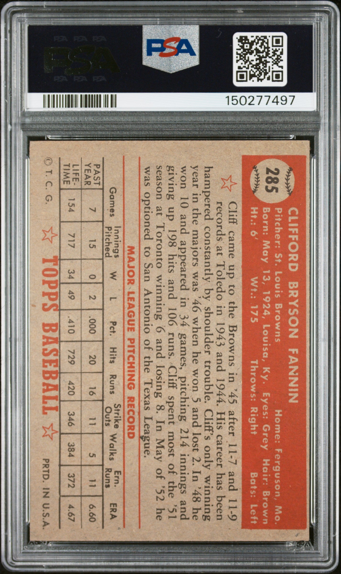 1952 Topps #285 Cliff Fannin PSA 4 SN 150277497