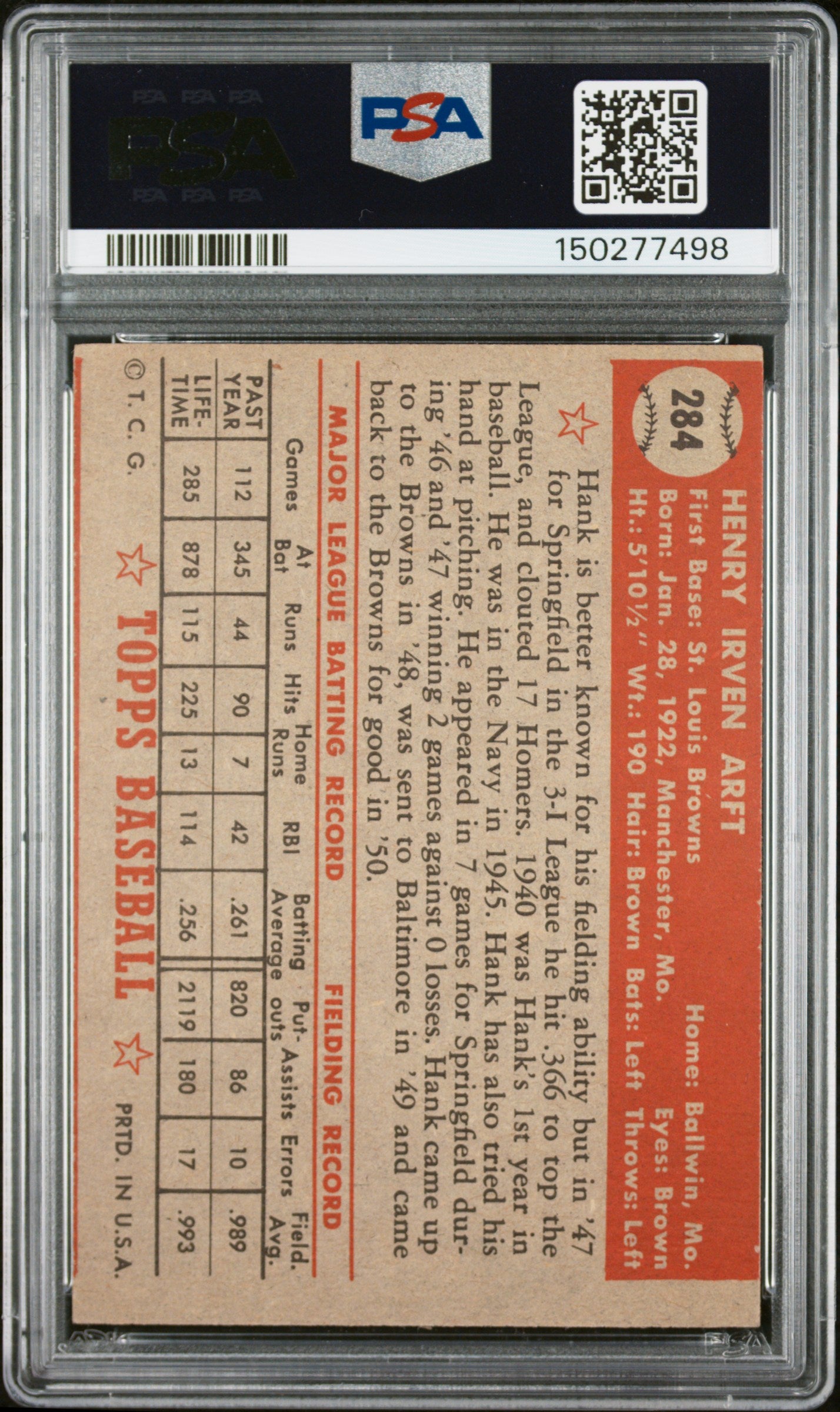 1952 Topps #284 Hank Arft PSA 5 SN 150277498