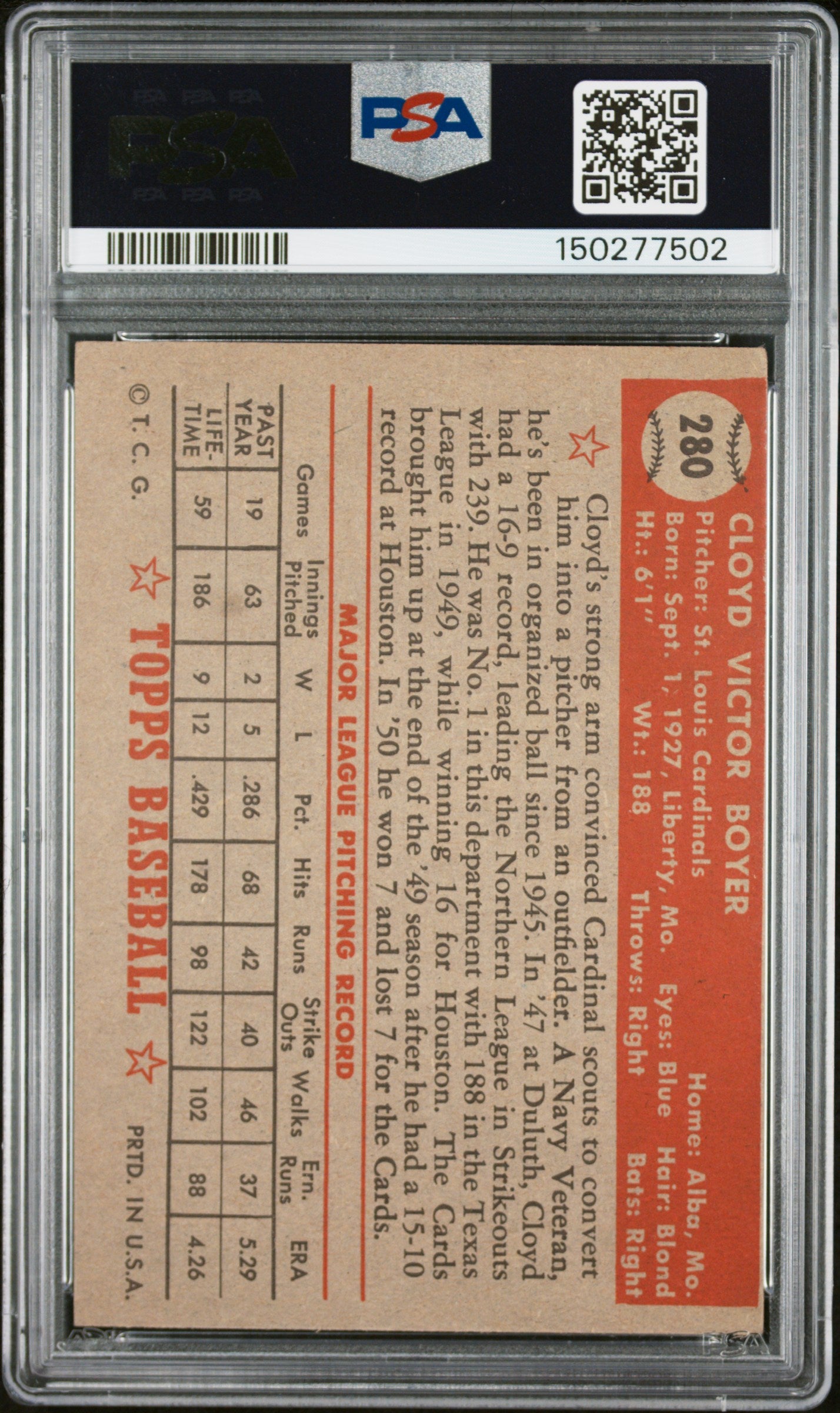1952 Topps #280 Cloyd Boyer PSA 4 SN 150277502