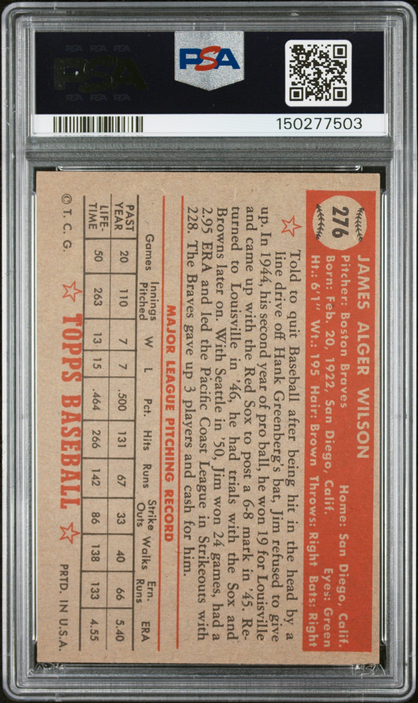 1952 Topps #276 Jim Wilson PSA 5 SN 150277503