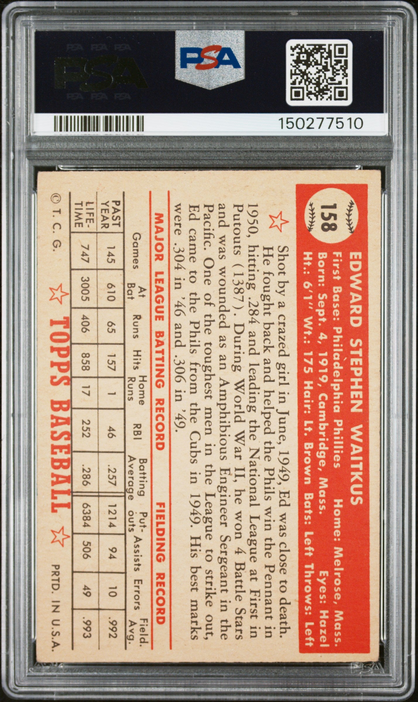 1952 Topps #158 Eddie Waitkus PSA 4 SN 150277510