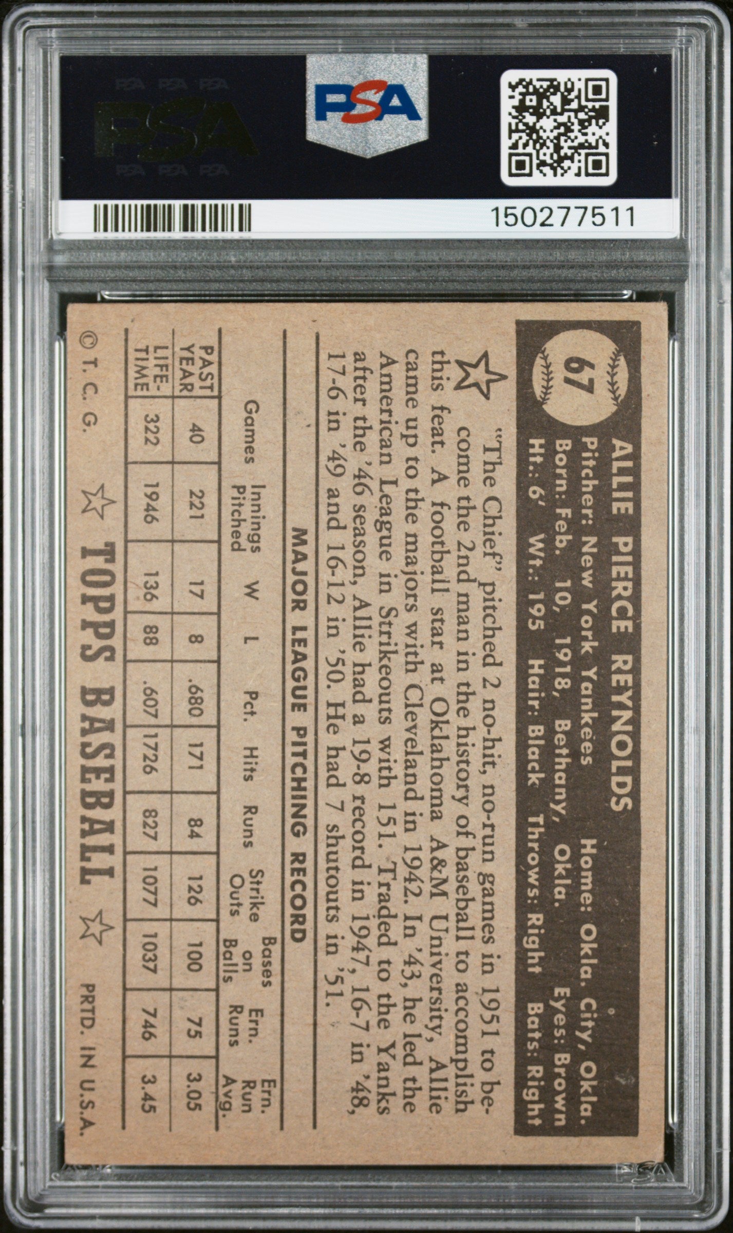 1952 Topps #67 Allie Reynolds Black Back PSA 4 SN 150277511