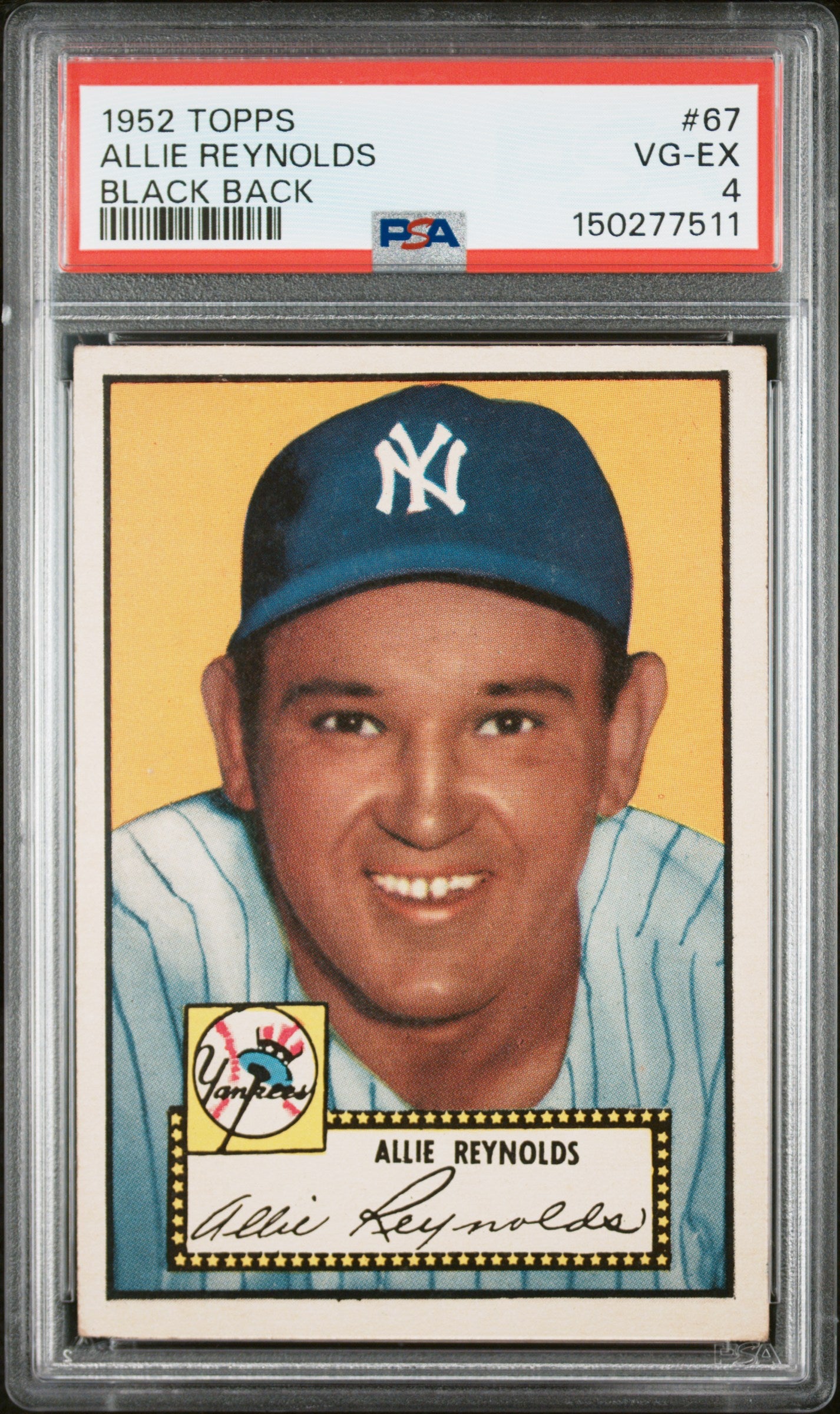 1952 Topps #67 Allie Reynolds Black Back PSA 4 SN 150277511