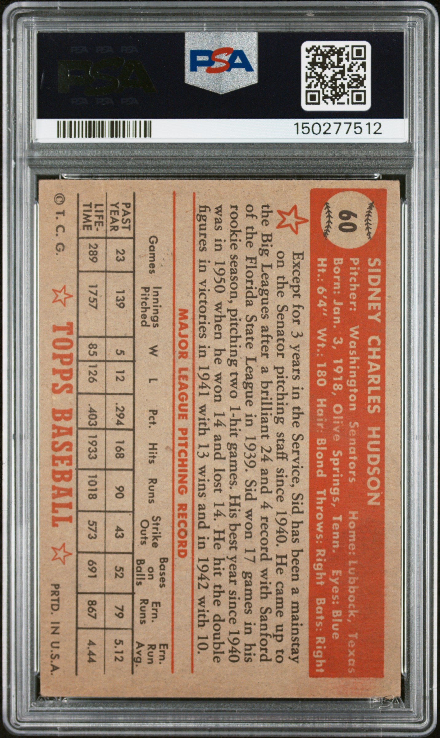 1952 Topps #60 Sid Hudson PSA 3 SN 150277512