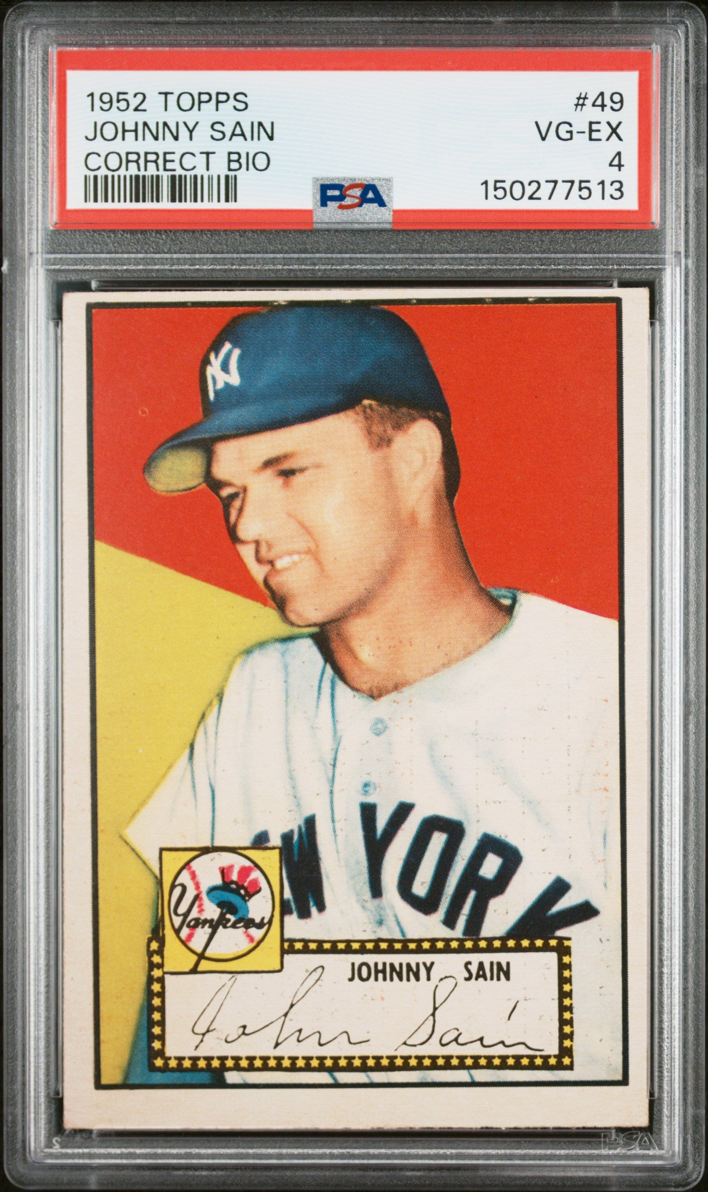 1952 Topps #49 Johnny Sain Correct Bio PSA 4 SN 150277513