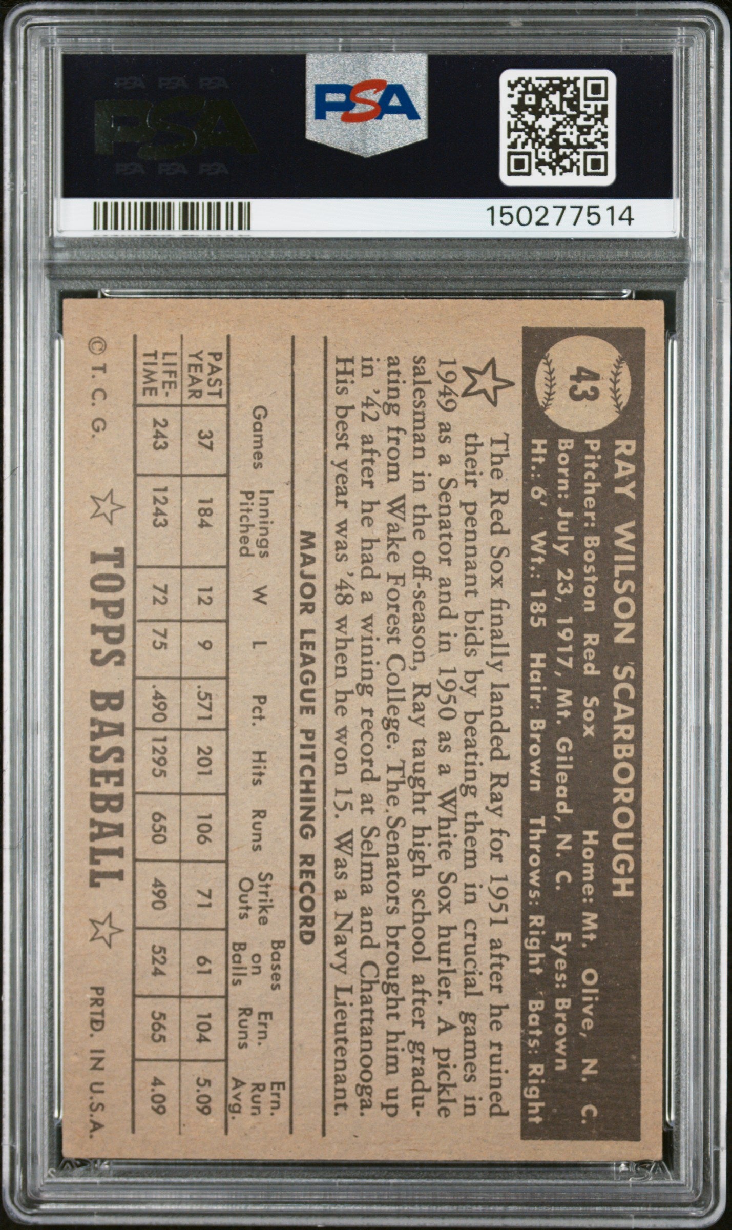 1952 Topps #43 Ray Scarborough Black Back PSA 4 SN 150277514