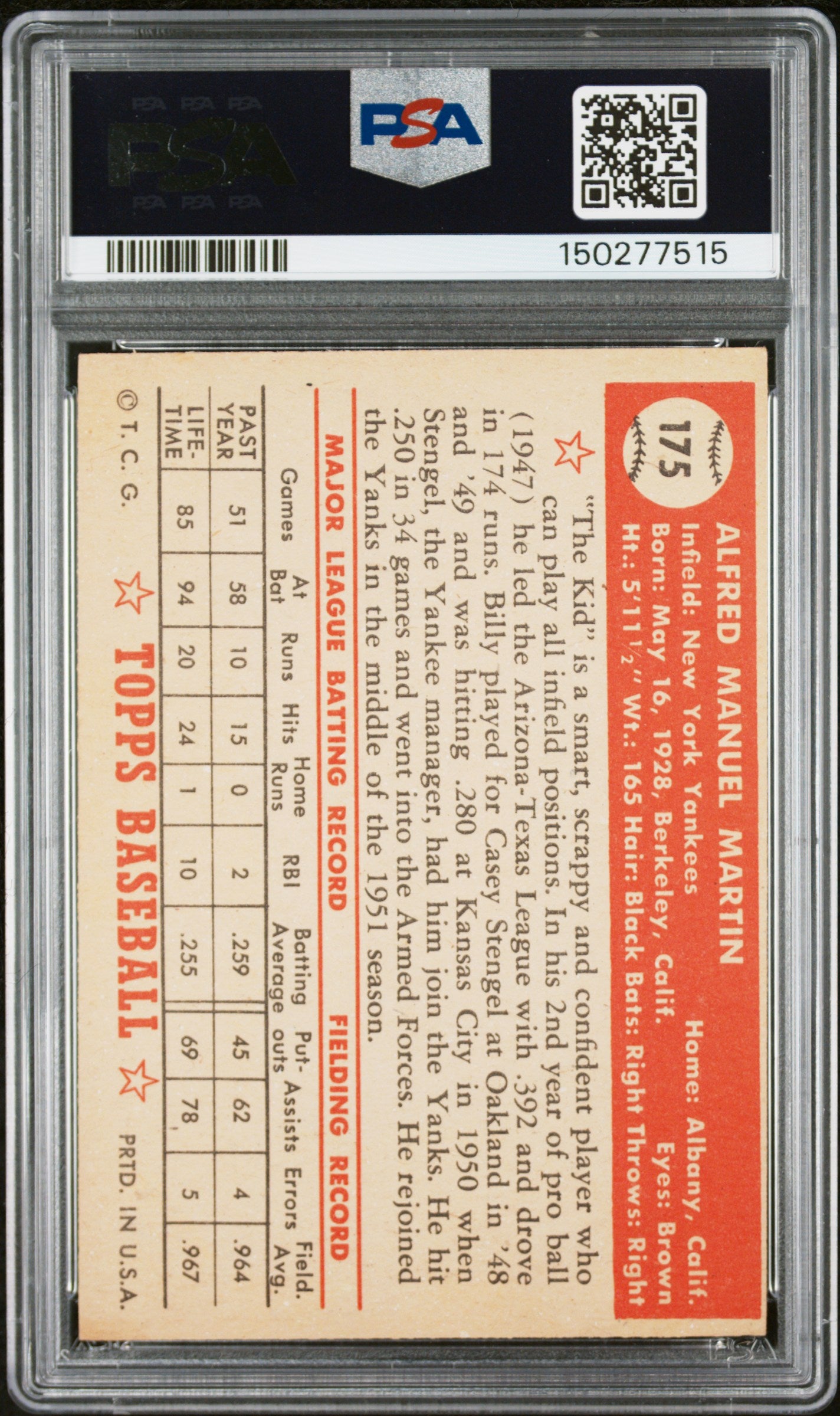 1952 Topps #175 Billy Martin PSA 5 SN 150277515