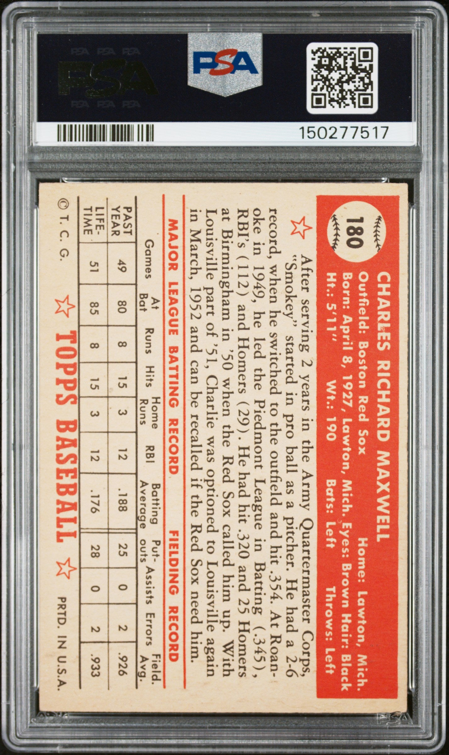 1952 Topps #180 Charley Maxwell PSA 5 SN 150277517