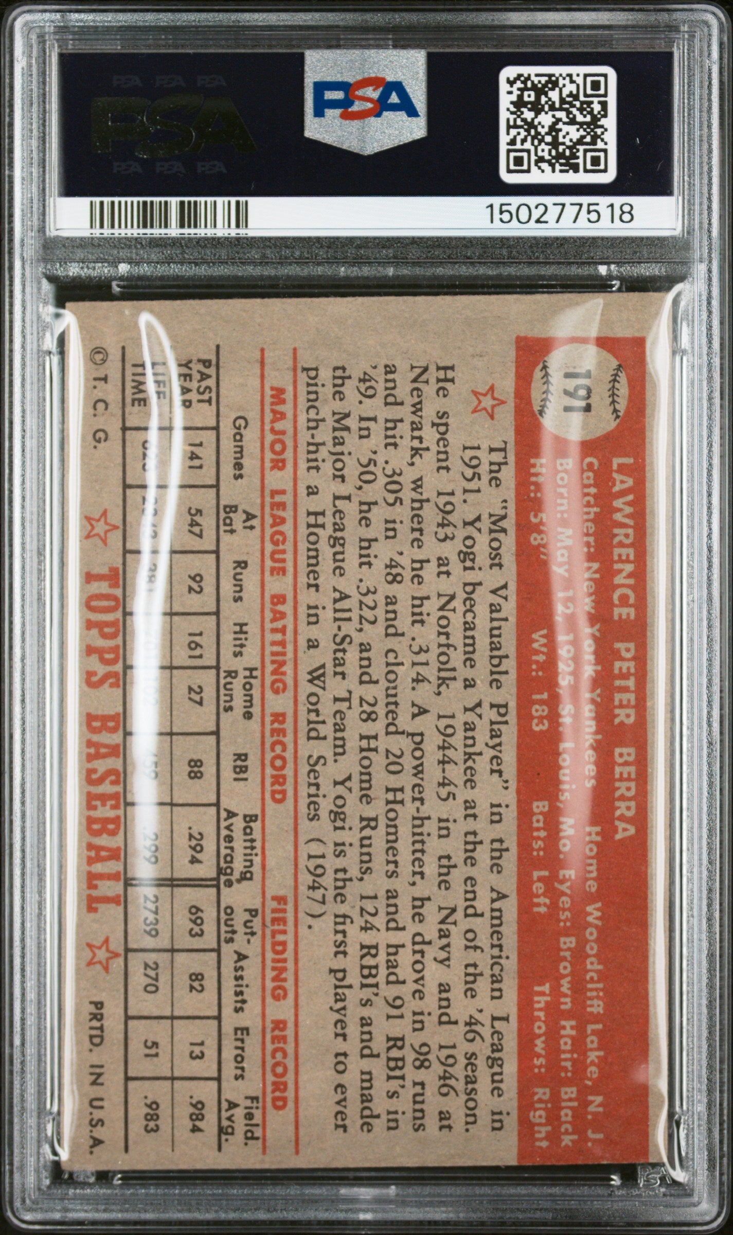 1952 Topps #191 Yogi Berra PSA 4 SN 150277518