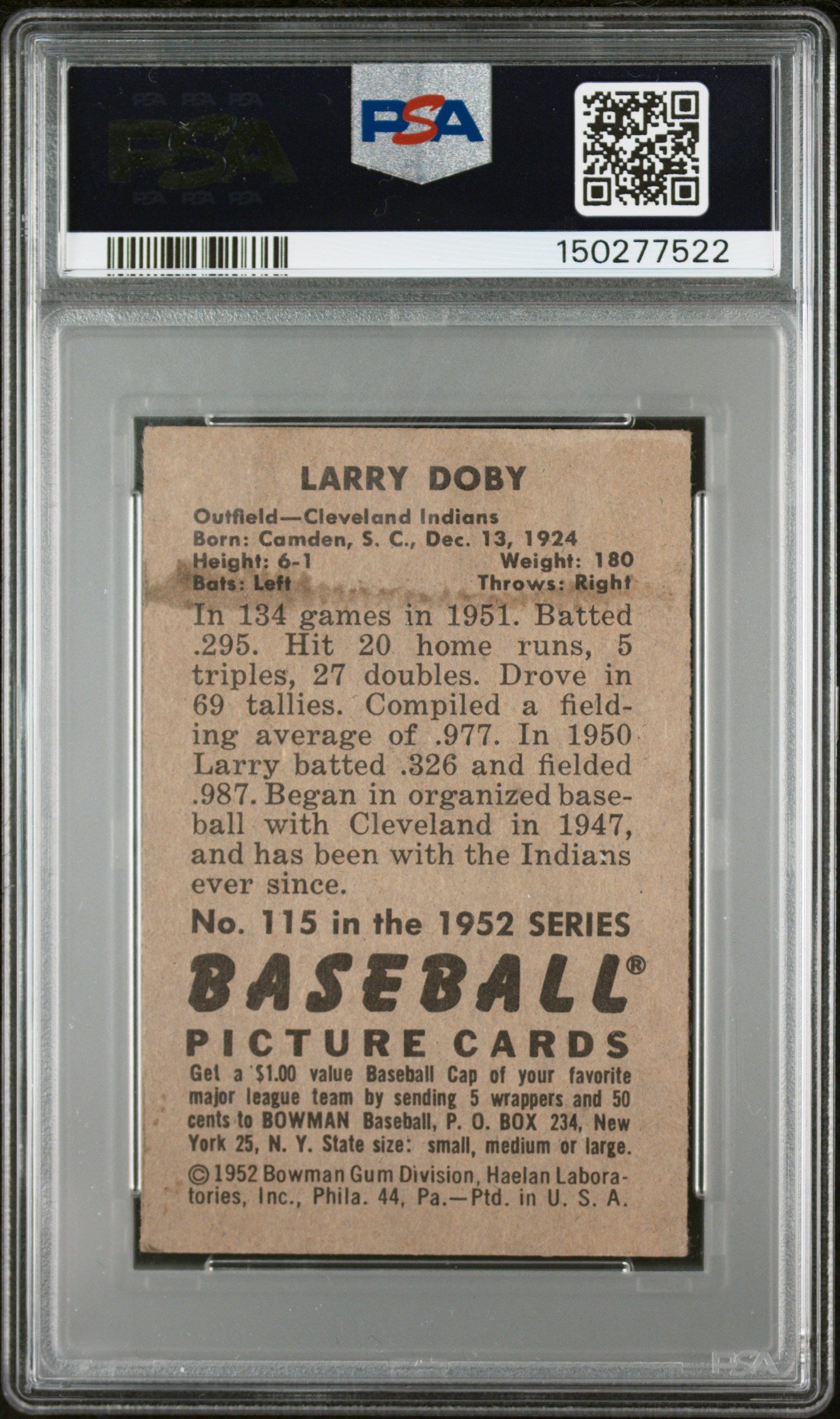 1952 Bowman #115 Larry Doby PSA 3 SN 150277522