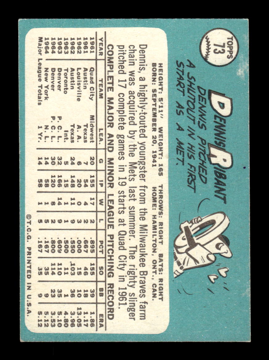 1965 Topps #73 Dennis Ribant New York Mets EXMT CS26015370