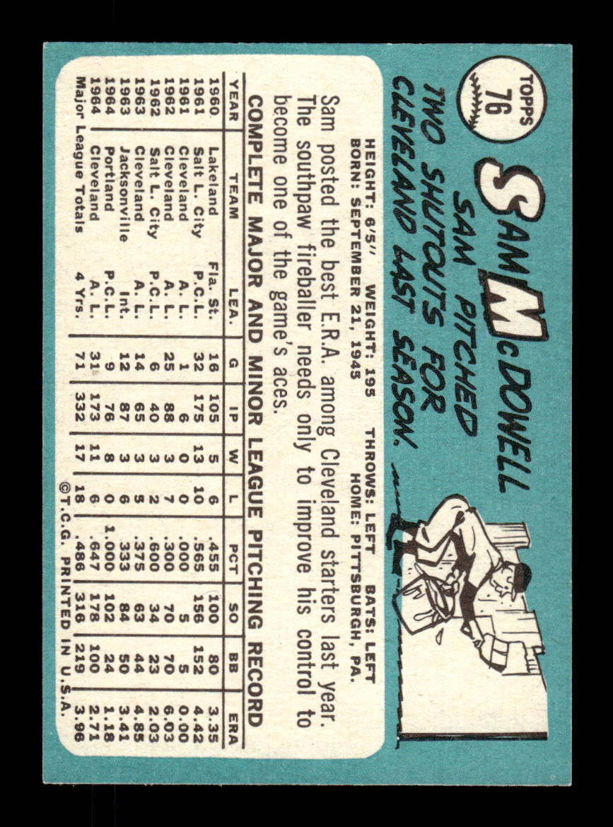 1965 Topps #76 Sam McDowell Cleveland Indians EXMT CS26015372