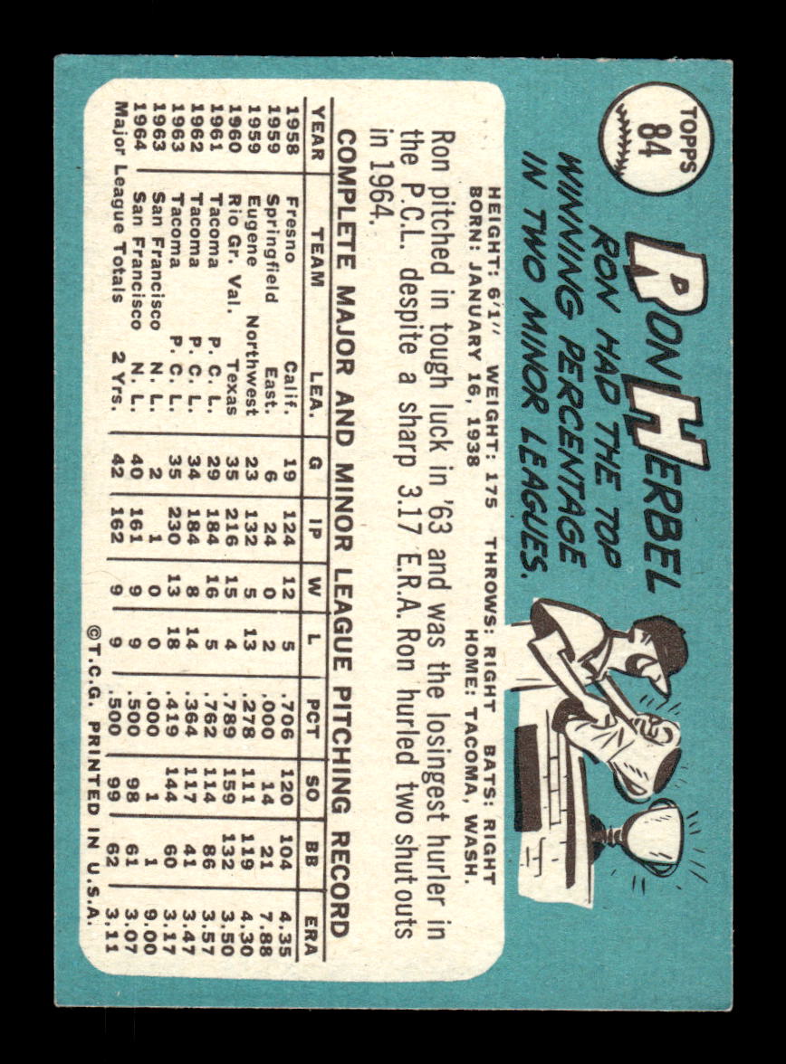 1965 Topps #84 Ron Herbel San Francisco Giants EXMT CS26015378