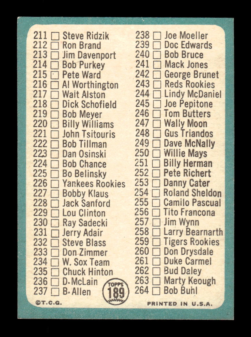 1965 Topps #189 3rd Series Checklist: 177-264 EXMT CS26015460