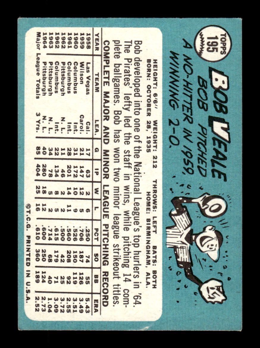 1965 Topps #195 Bob Veale Pittsburgh Pirates EXMT CS26015464