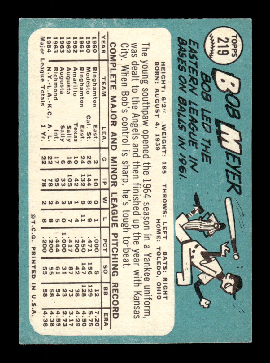 1965 Topps #219 Bob Meyer Kansas City Athletics EXMT CS26015484