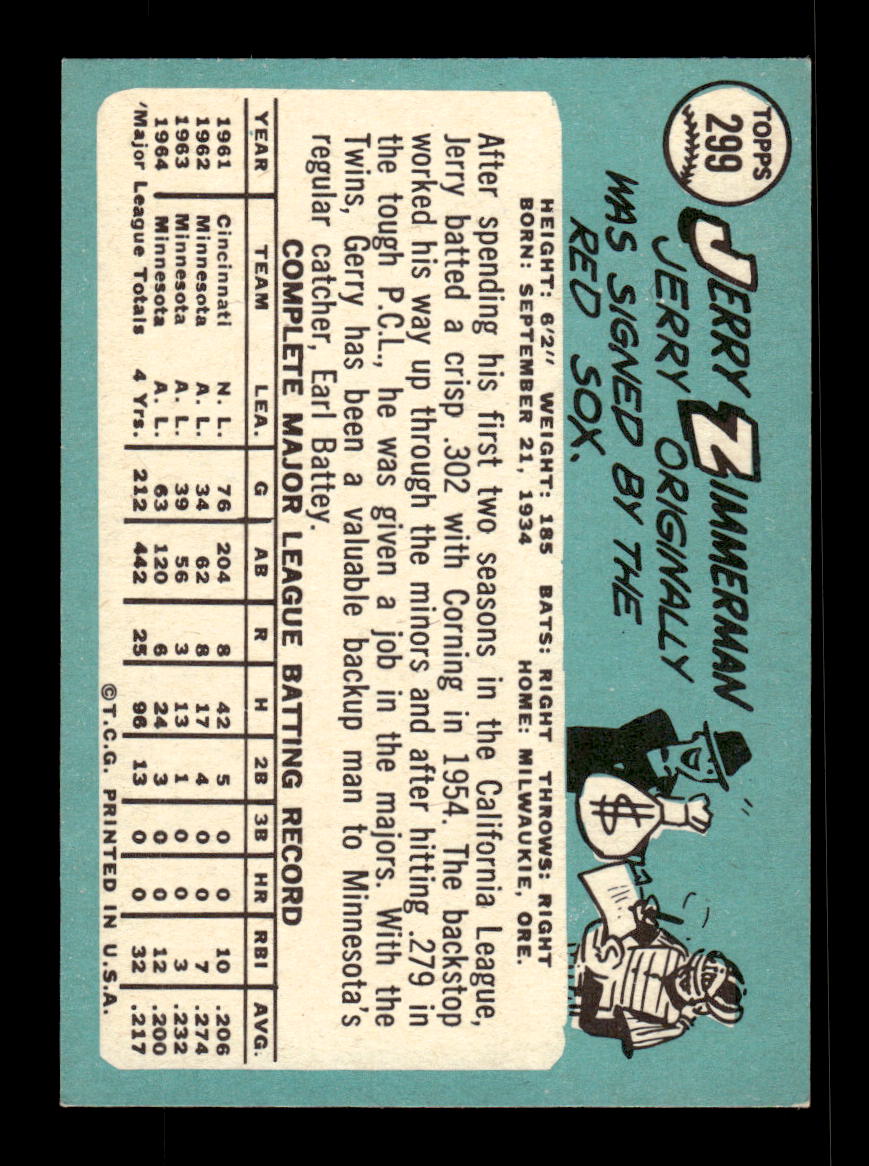 1965 Topps #299 Jerry Zimmerman Minnesota Twins EXMT CS26015555