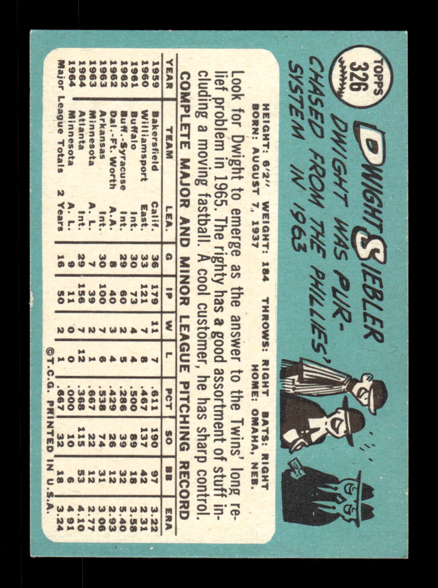 1965 Topps #326 Dwight Siebler Minnesota Twins EXMT CS26015579