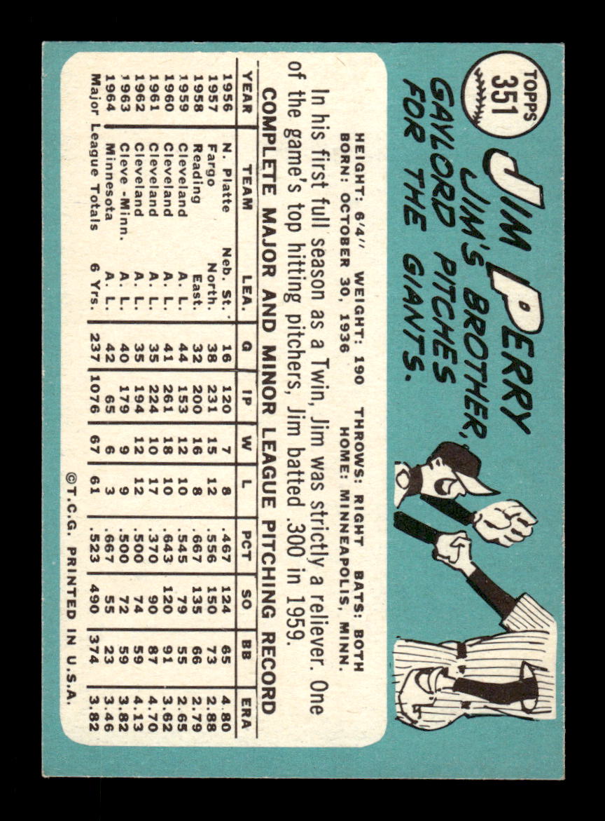 1965 Topps #351 Jim Perry Minnesota Twins EXMT CS26015601