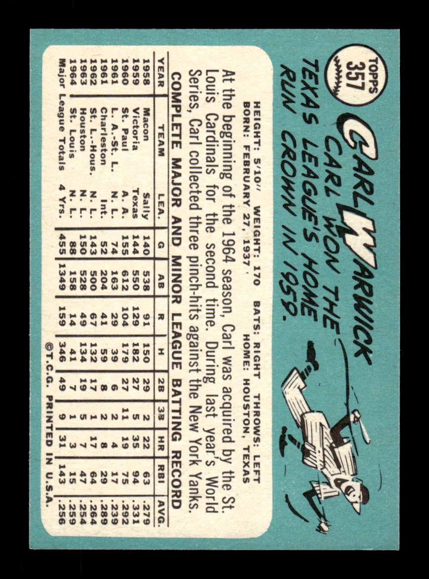 1965 Topps #357 Carl Warwick St. Louis Cardinals EXMT CS26015605