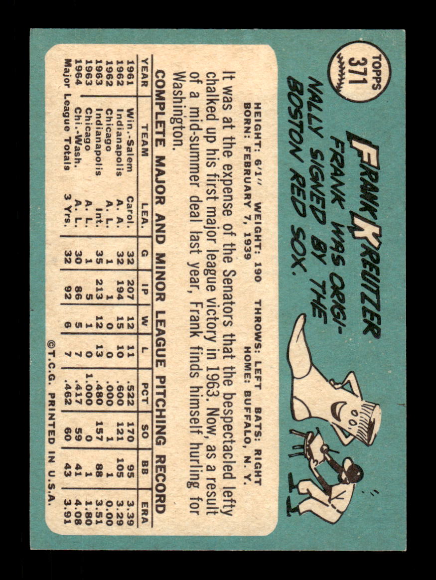 1965 Topps #371 Frank Kreutzer Washington Senators VGEX CS26015617