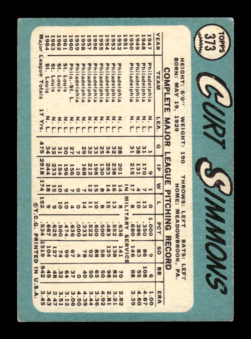 1965 Topps #373 Curt Simmons St. Louis Cardinals VGEX CS26015619