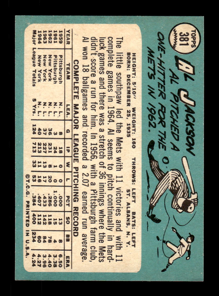1965 Topps #381 Al Jackson New York Mets VGEX CS26015626