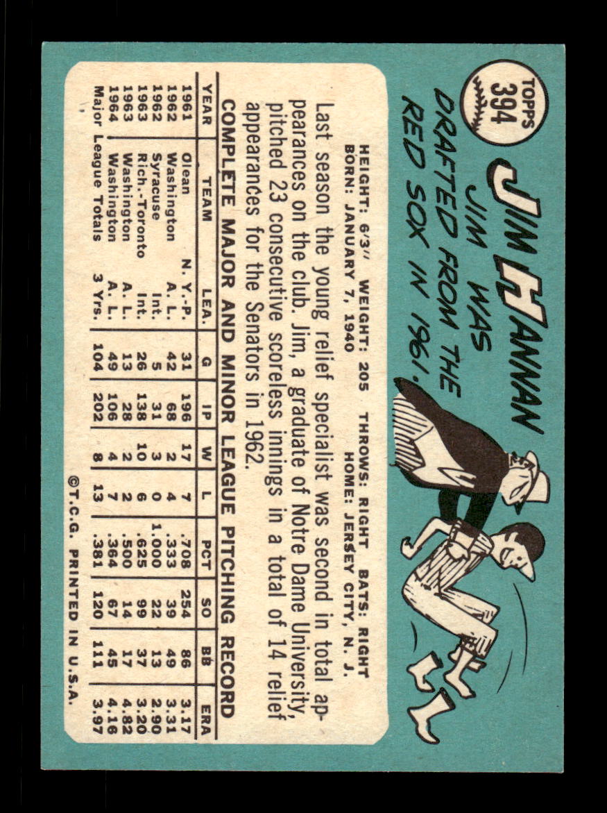 1965 Topps #394 Jim Hannan Washington Senators VGEX CS26015637
