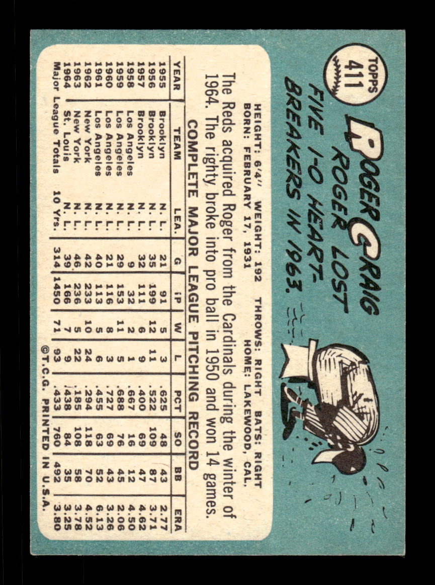 1965 Topps #411 Roger Craig Cincinnati Reds VGEX CS26015651