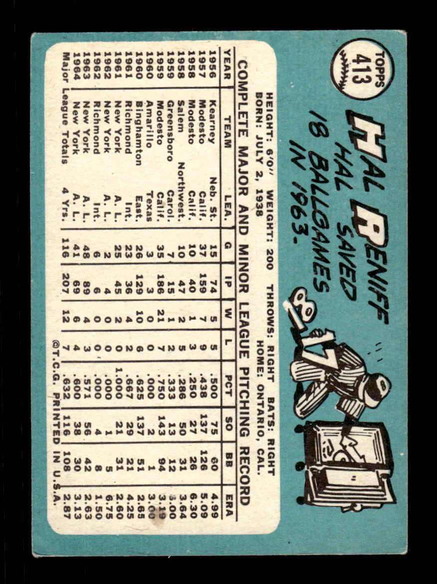 1965 Topps #413 Hal Reniff New York Yankees VGEX CS26015653