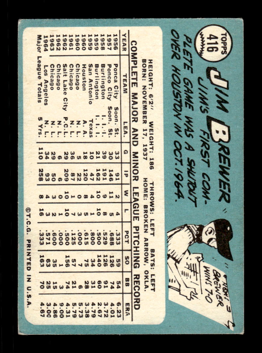 1965 Topps #416 Jim Brewer Los Angeles Dodgers VGEX CS26015656