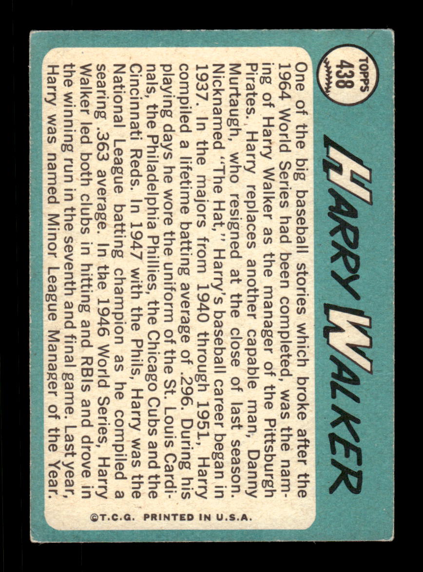 1965 Topps #438 Harry Walker Pittsburgh Pirates EXMT CS26015676