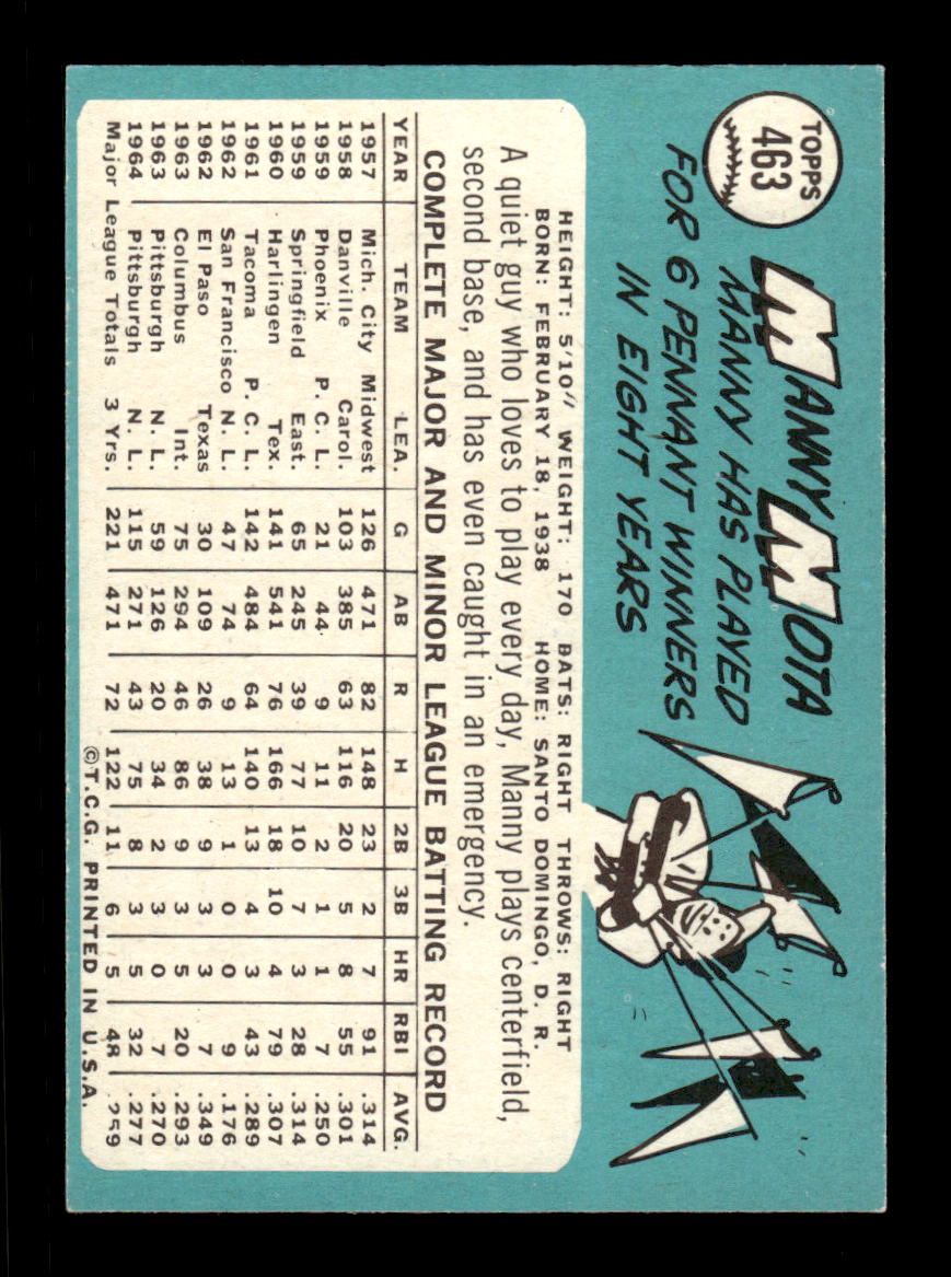 1965 Topps #463 Manny Mota Pittsburgh Pirates EXMT CS26015699