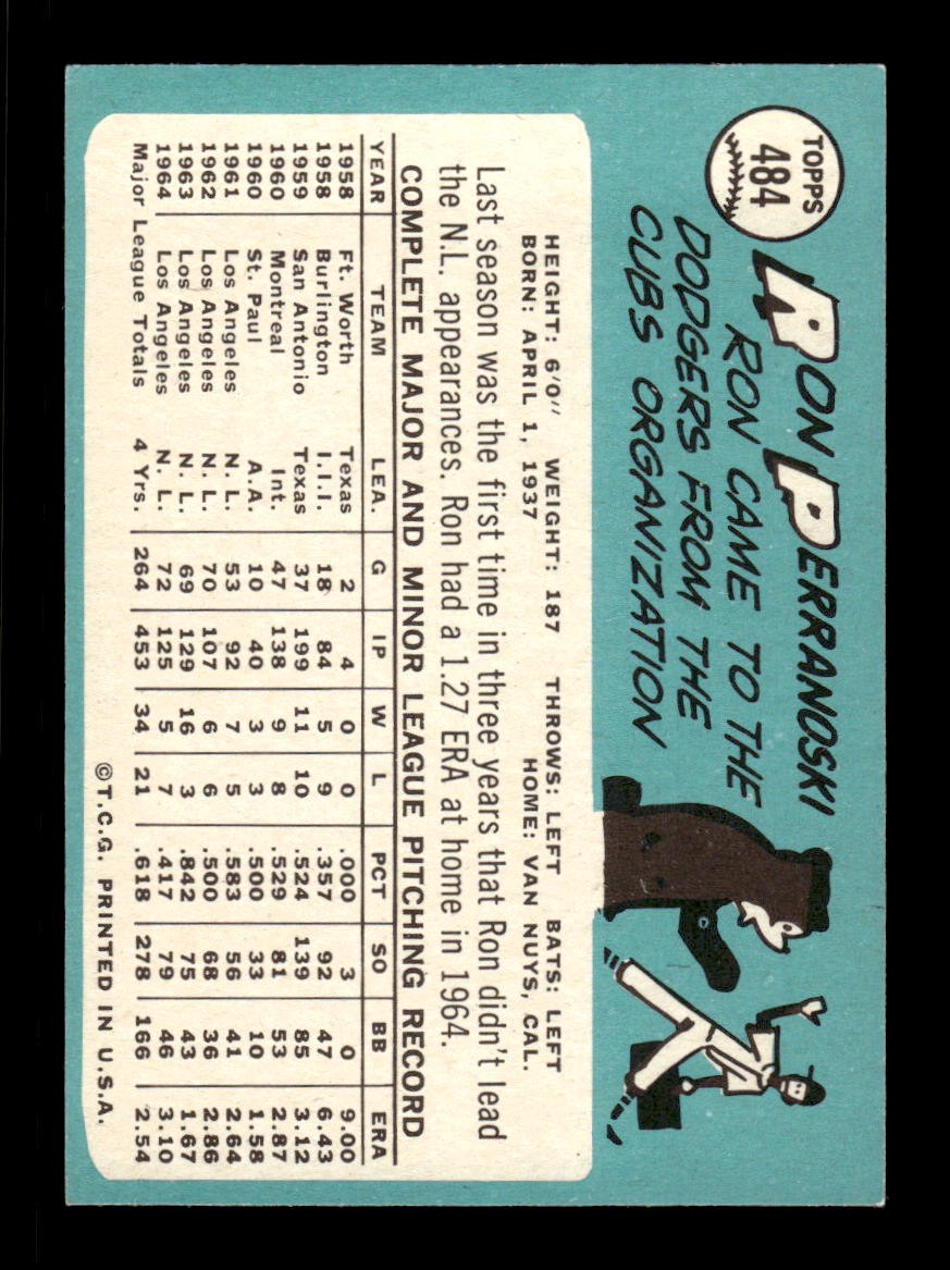 1965 Topps #484 Ron Perranoski Los Angeles Dodgers EXMT CS26015718