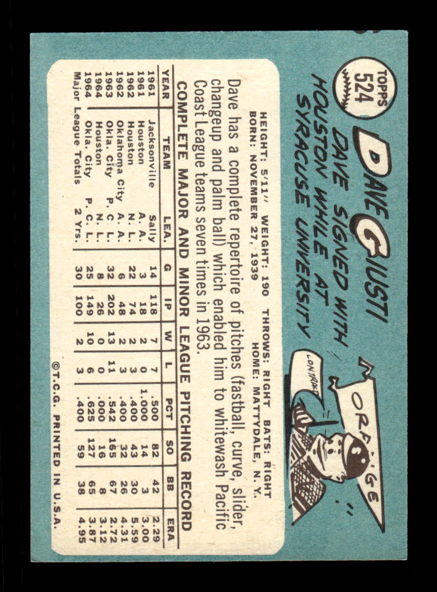 1965 Topps #524 Dave Giusti Houston Astros EXMT CS26015756