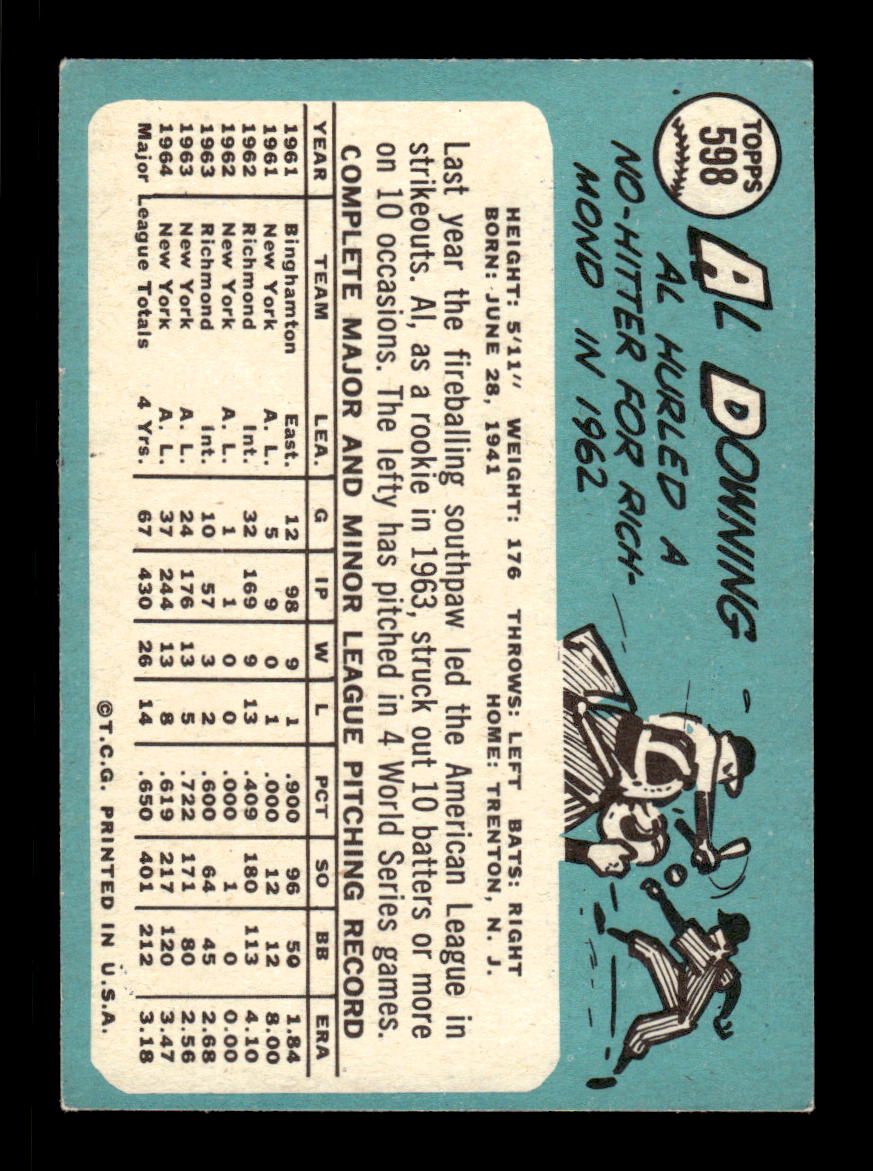 1965 Topps #598 Al Downing New York Yankees EXMT CS26015825