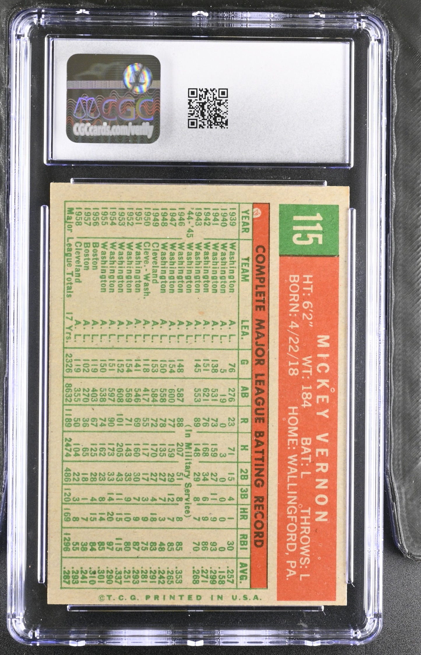 1959 Topps #115 Mickey Vernon CGC 6 SN 6142657007